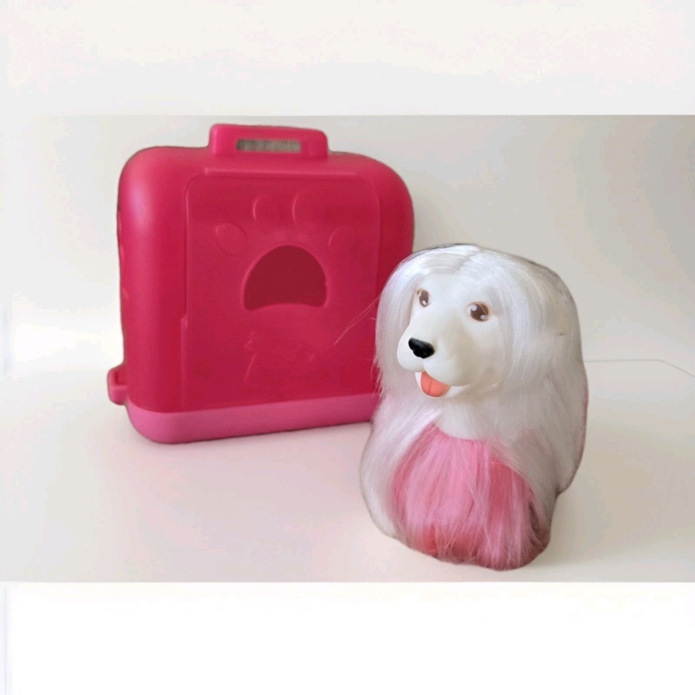 VTG 1989 Cititoy Sweetie Pups Like Pink White Brushable Dog & Pink Carrier House